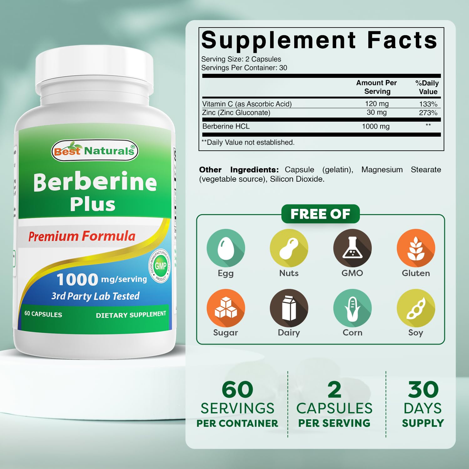 Best Naturals Berberine Plus bottle side profile, easy daily dosing