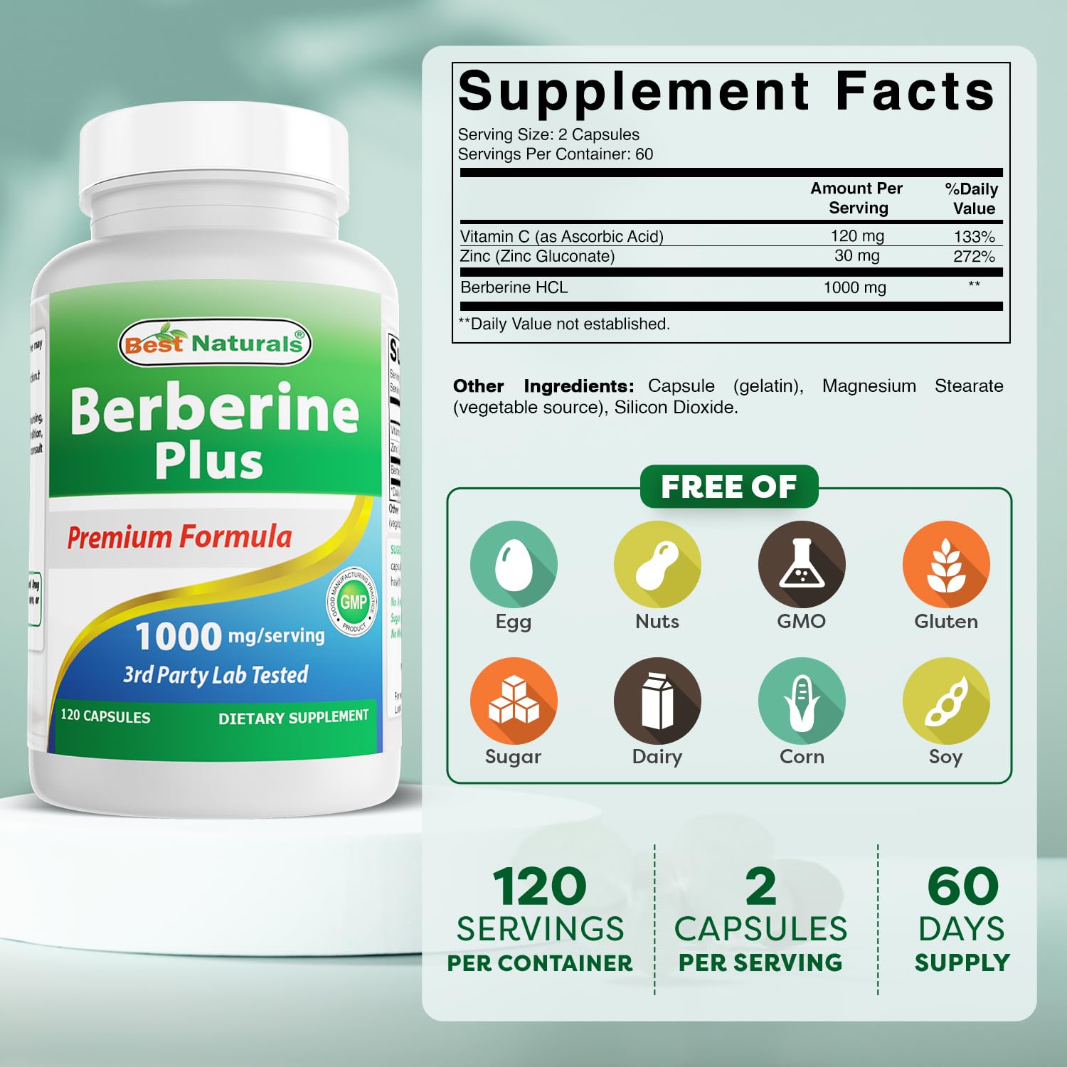 Close-up of Best Naturals Berberine Plus label showing 1000 mg