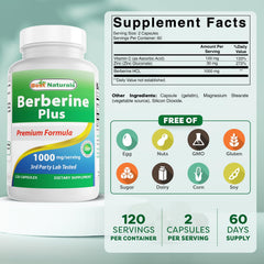 Close-up of Best Naturals Berberine Plus label showing 1000 mg