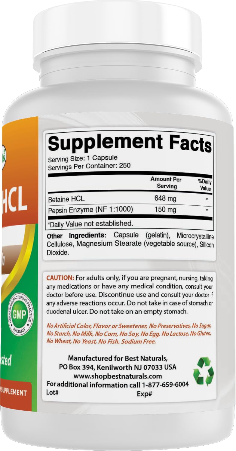 Best Naturals Betaine HCL 648mg allergen-free icons indicate a safe ingredient profile.