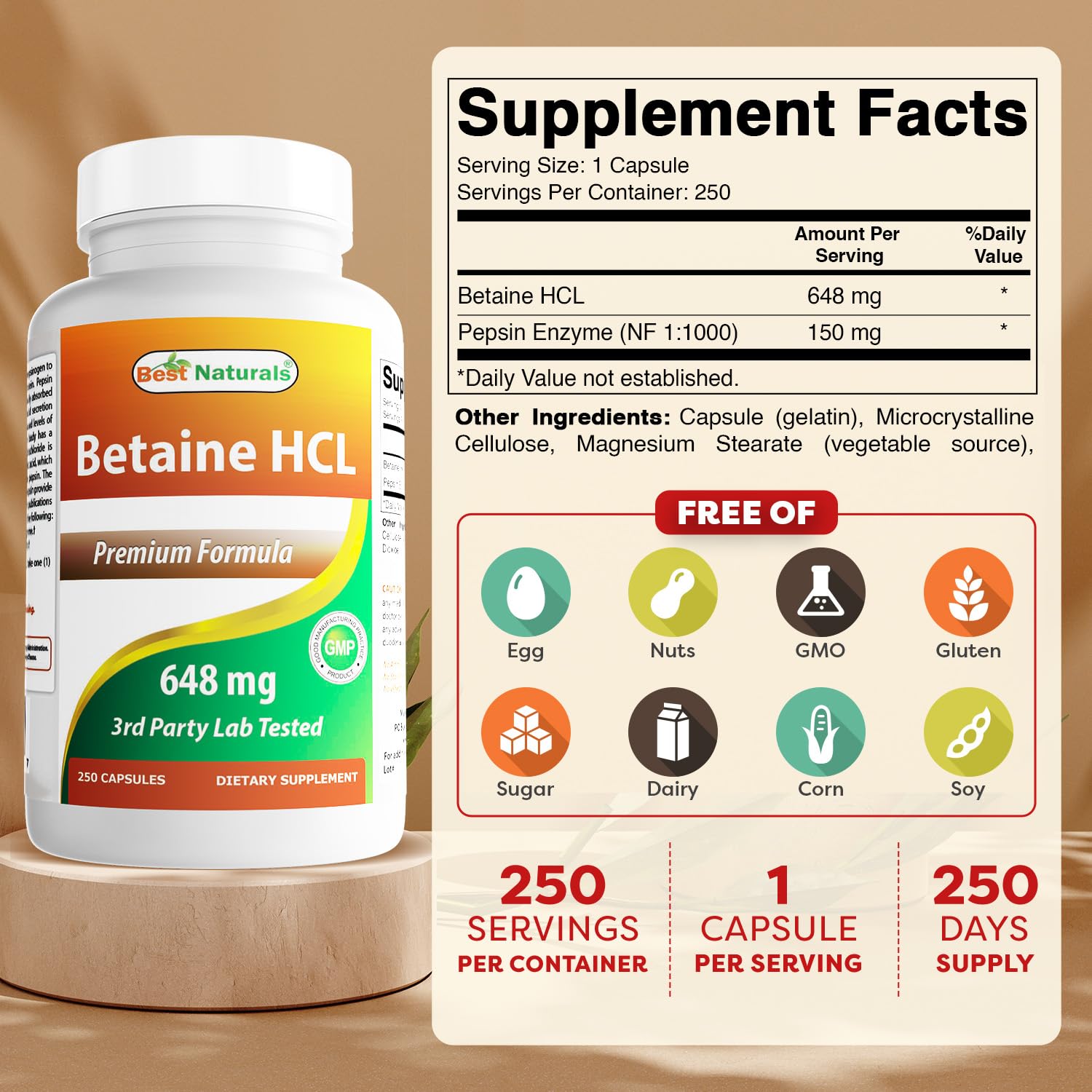 Best Naturals Betaine HCL 648mg bottle cap emphasizes easy-to-swallow capsules.
