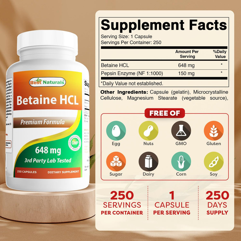 Best Naturals Betaine HCL 648mg bottle cap emphasizes easy-to-swallow capsules.