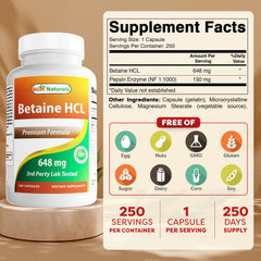 Best Naturals Betaine HCL 648mg bottle cap emphasizes easy-to-swallow capsules.