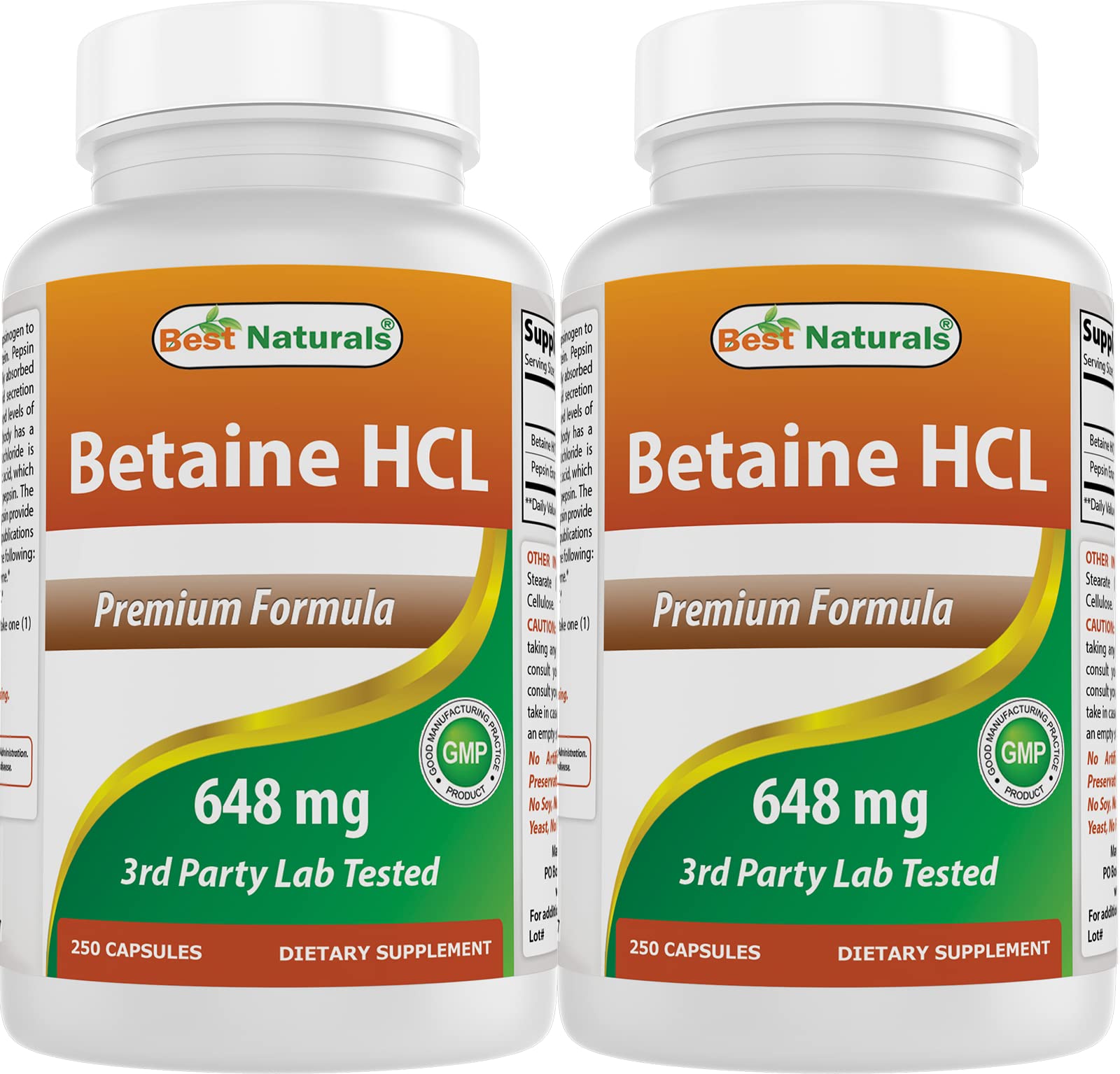 Best Naturals Betaine HCL 648mg bottle front view highlights potency for daily use.