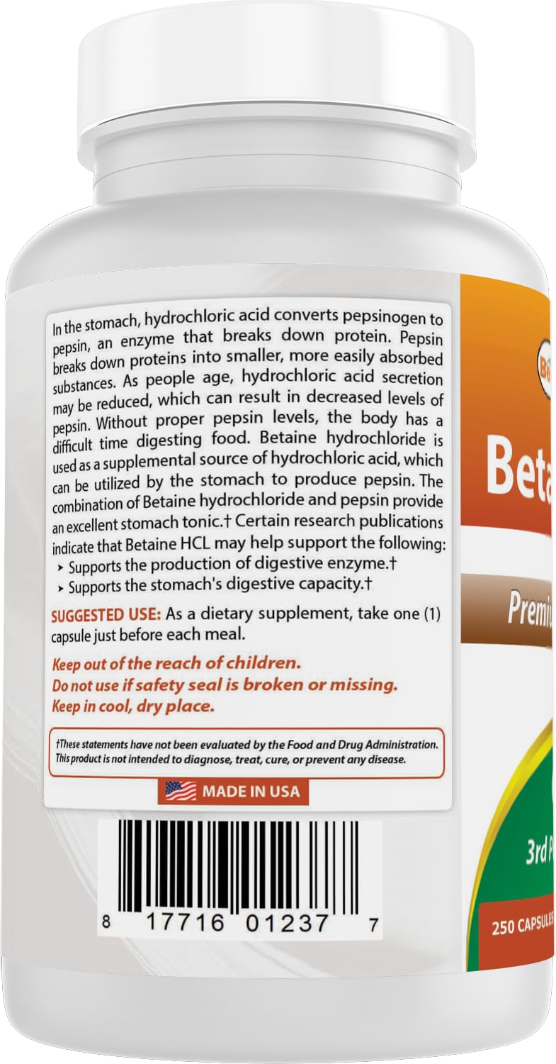 Best Naturals Betaine HCL 648mg made-in-USA facility signals quality manufacturing.