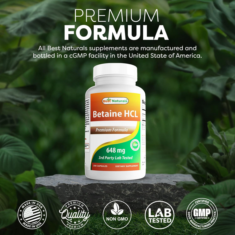 Best Naturals Betaine HCL 648mg third-party lab verification for purity.