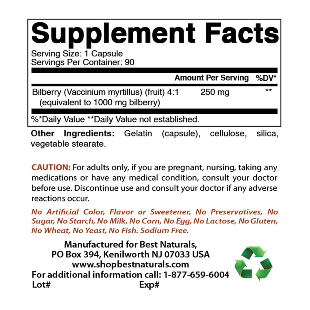 Best Naturals Bilberry 1000 mg bottle side showing capsule count