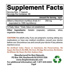Best Naturals Bilberry 1000 mg bottle side showing capsule count