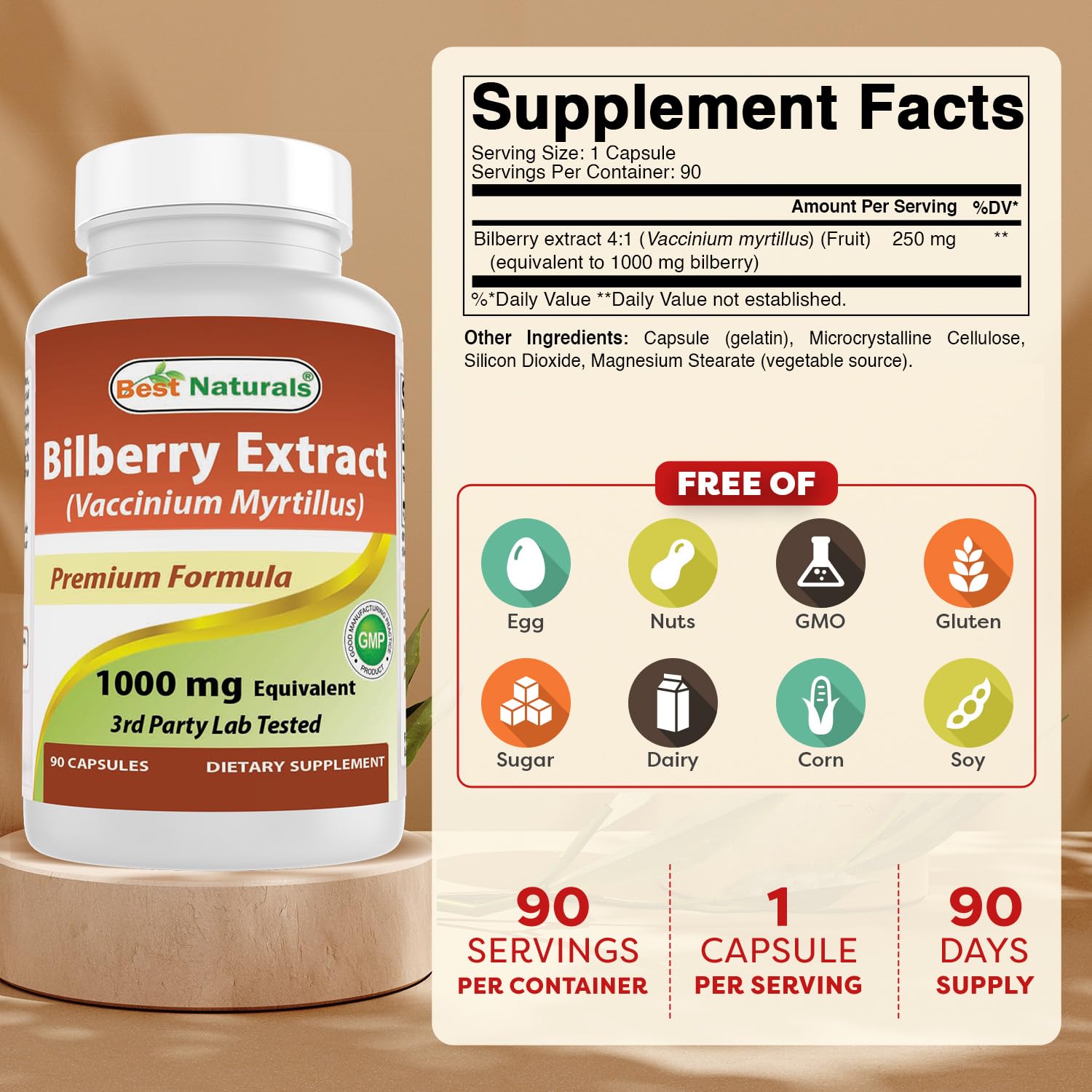 Best Naturals Bilberry Extract bottle, 90-count caplets for convenient use