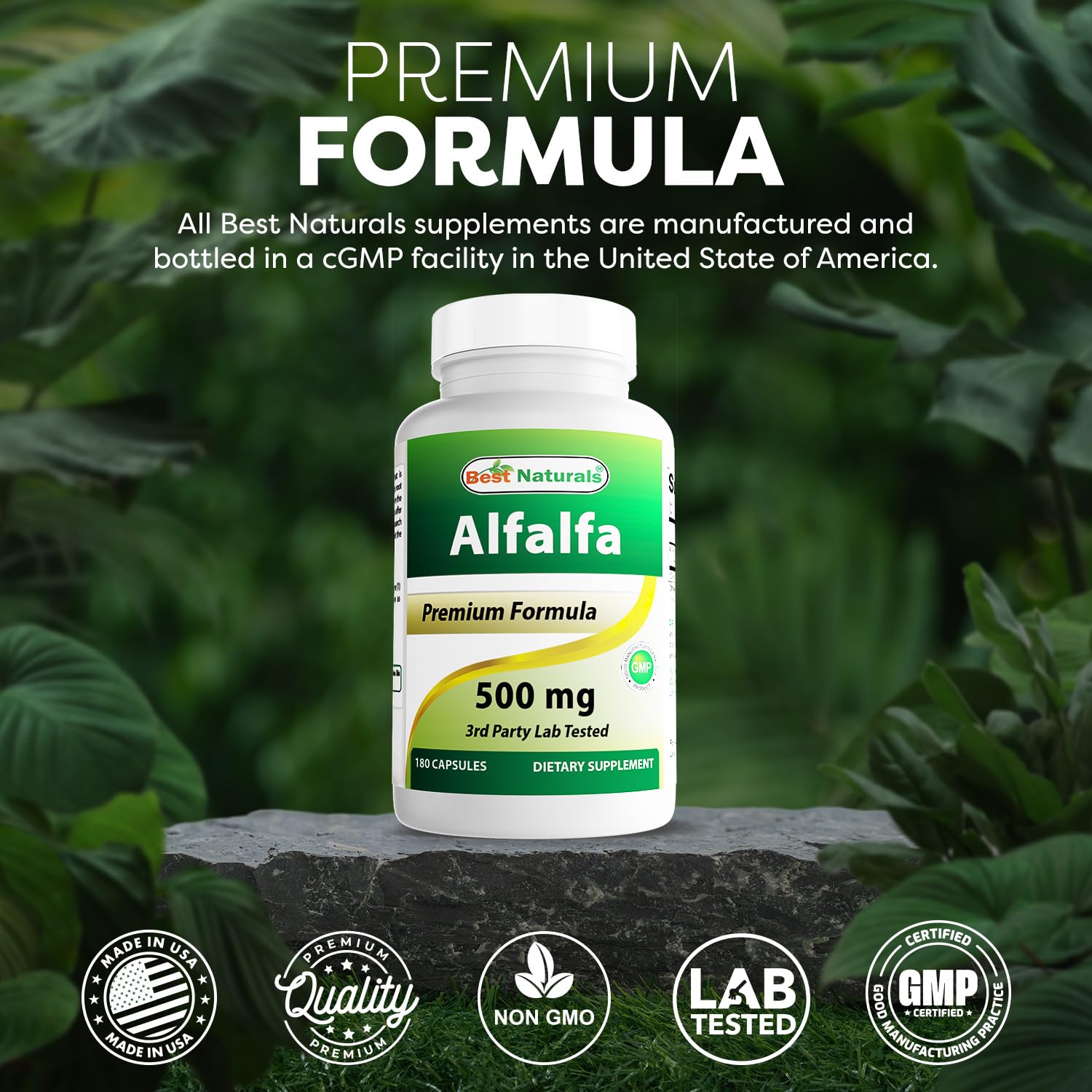 Best Naturals alfalfa bottle nutrition label close-up for informed choices.