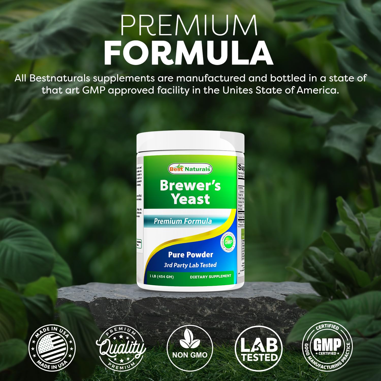 Best Naturals Brewers Yeast Powder packaging in USA facility indicating quality and safety standards.