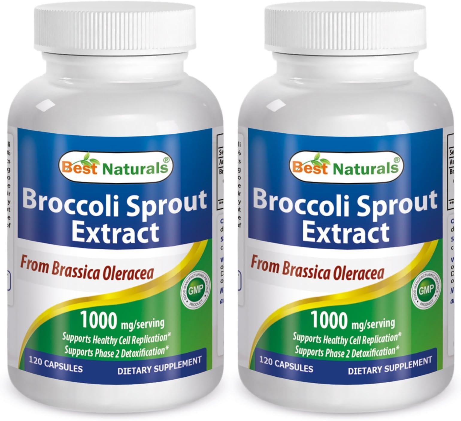 Best Naturals broccoli sprout extract bottle front view showing 1000 mg per capsule.
