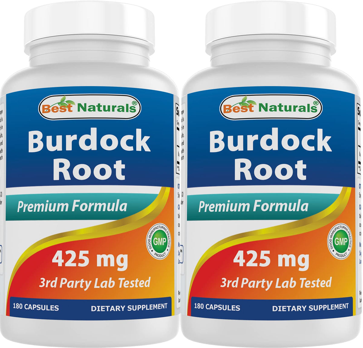 Best Naturals Burdock Root 425 mg bottle highlighting clear labeling and dosage details.