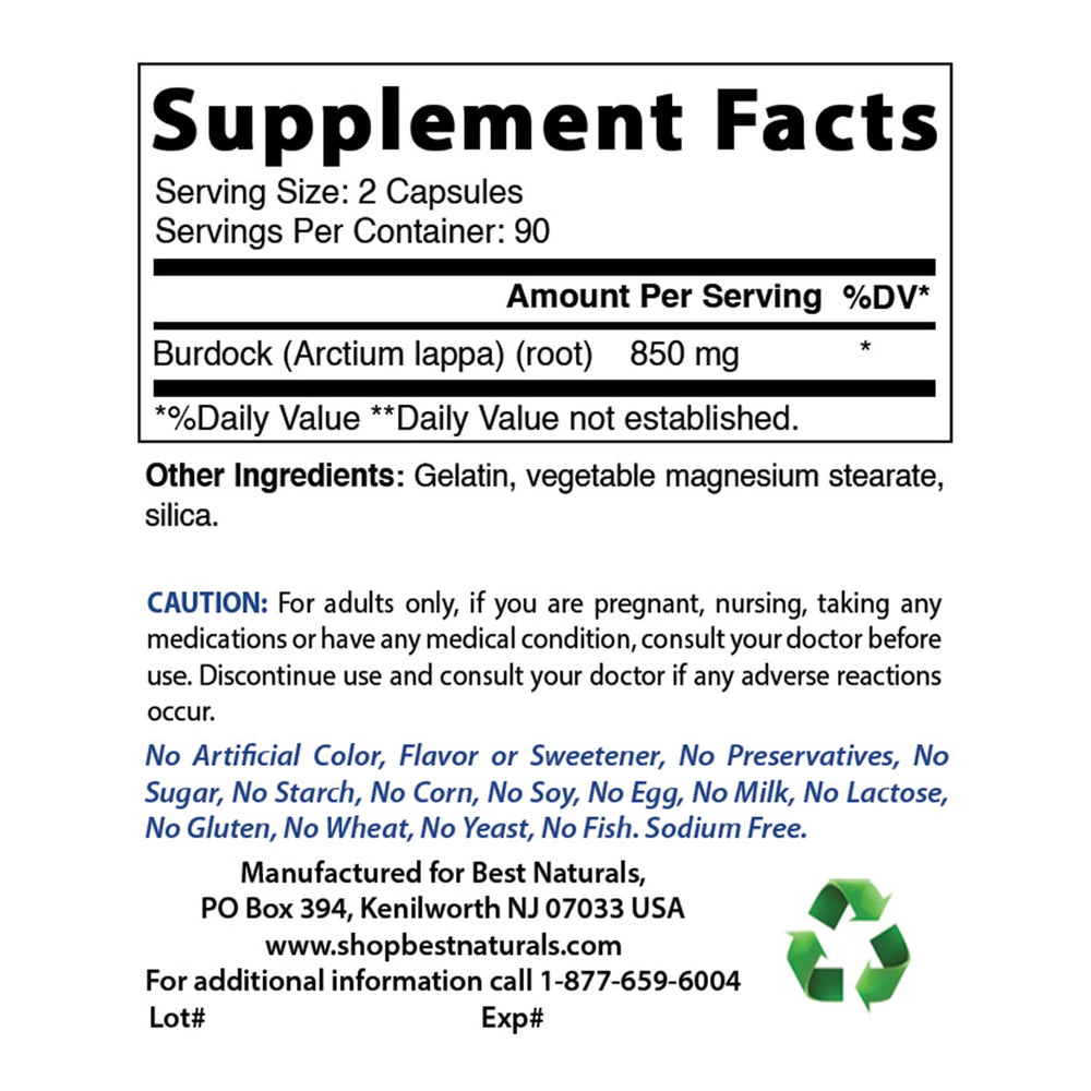 Best Naturals Burdock Root capsules close-up emphasizing uniform size for reliable dosing.