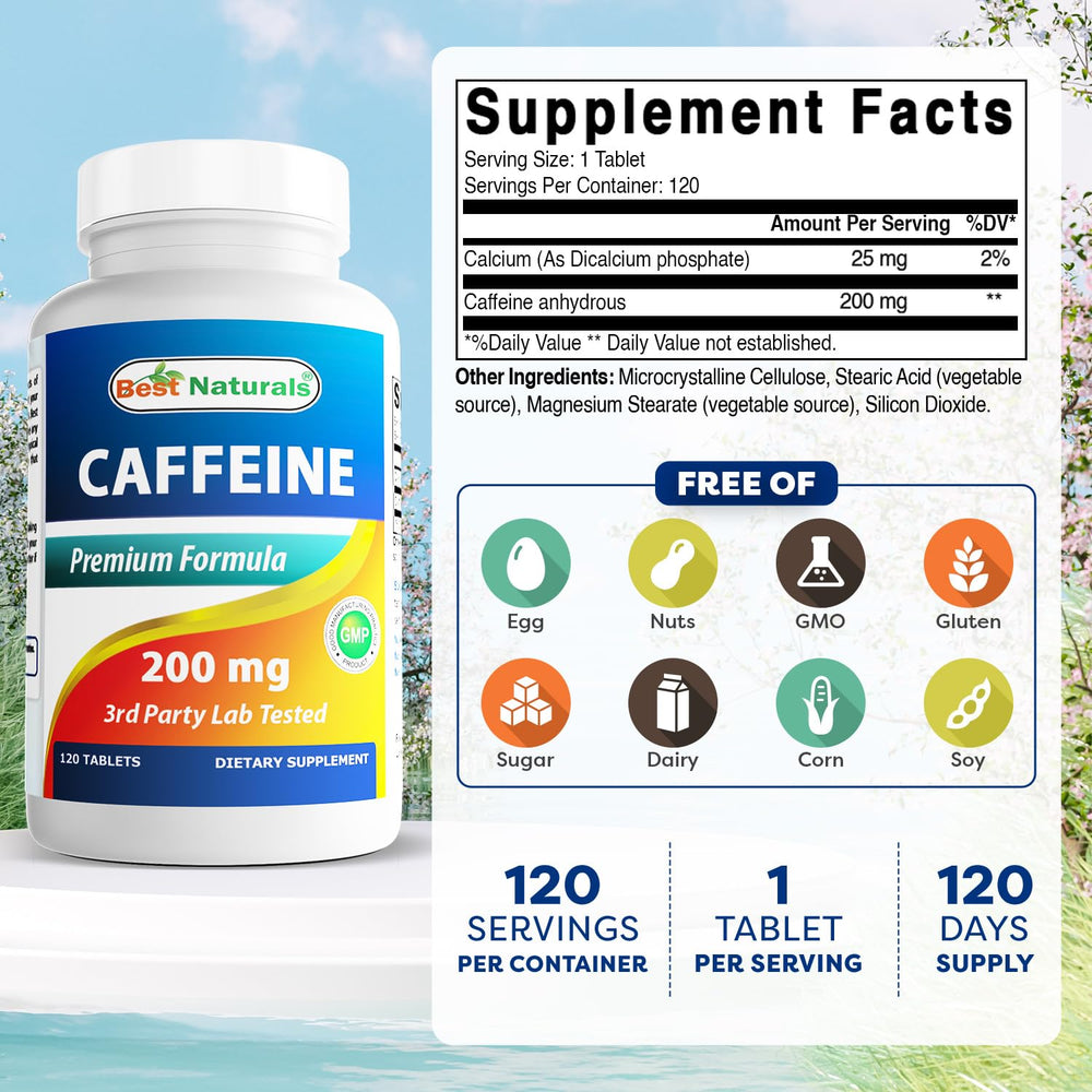 Best Naturals caffeine pills close-up shows a 200 mg dose for focus.
