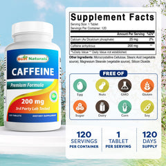 Best Naturals caffeine pills close-up shows a 200 mg dose for focus.