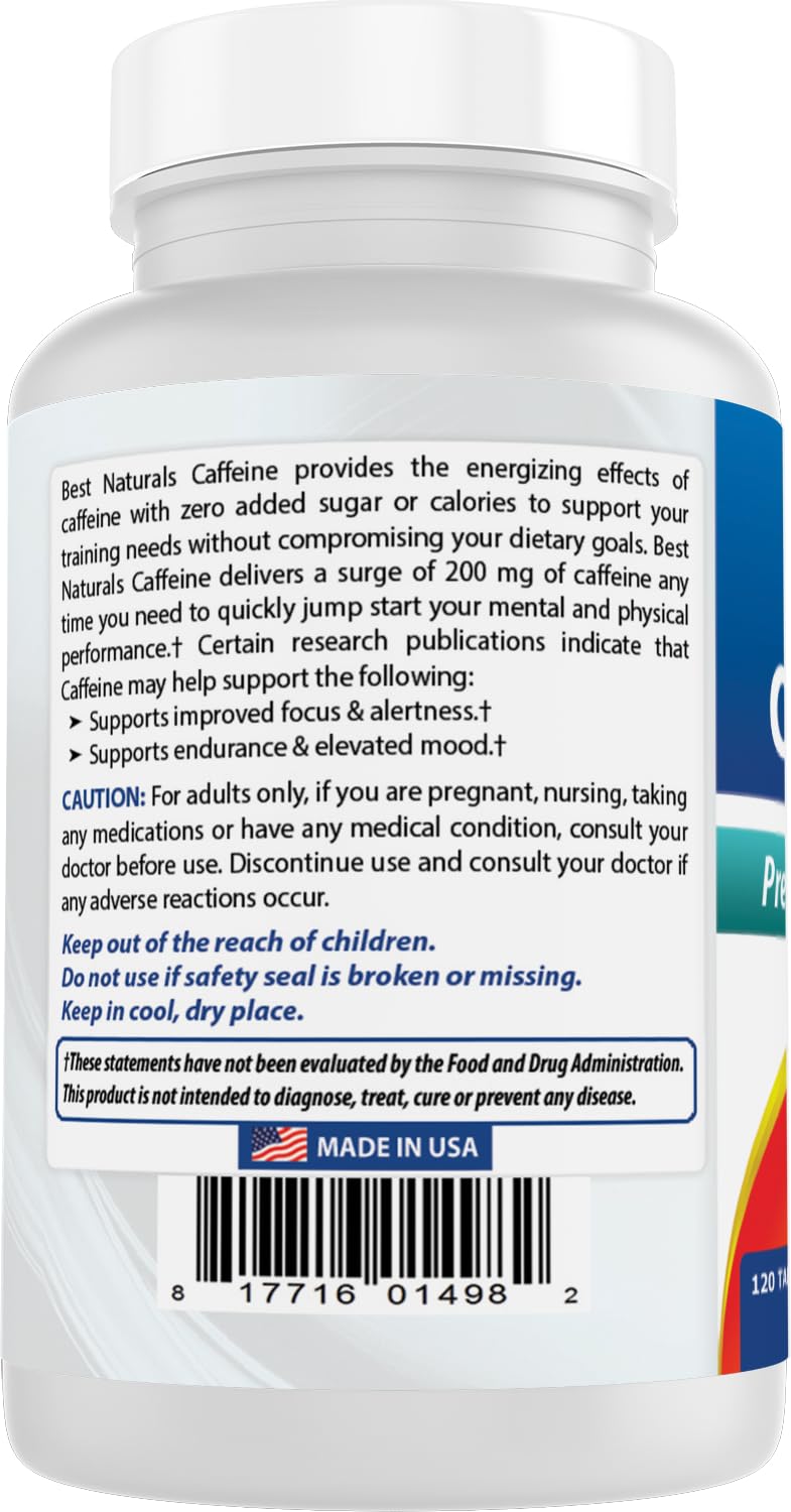 Best Naturals caffeine pills on table ready for on the go energy.