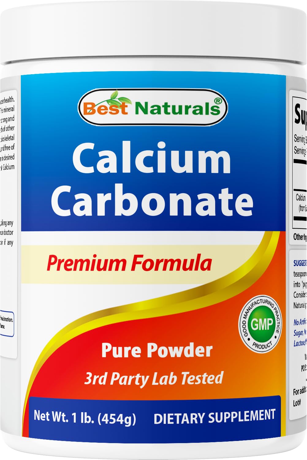 Best Naturals Calcium Carbonate Powder bottle front emphasizes purity and value.