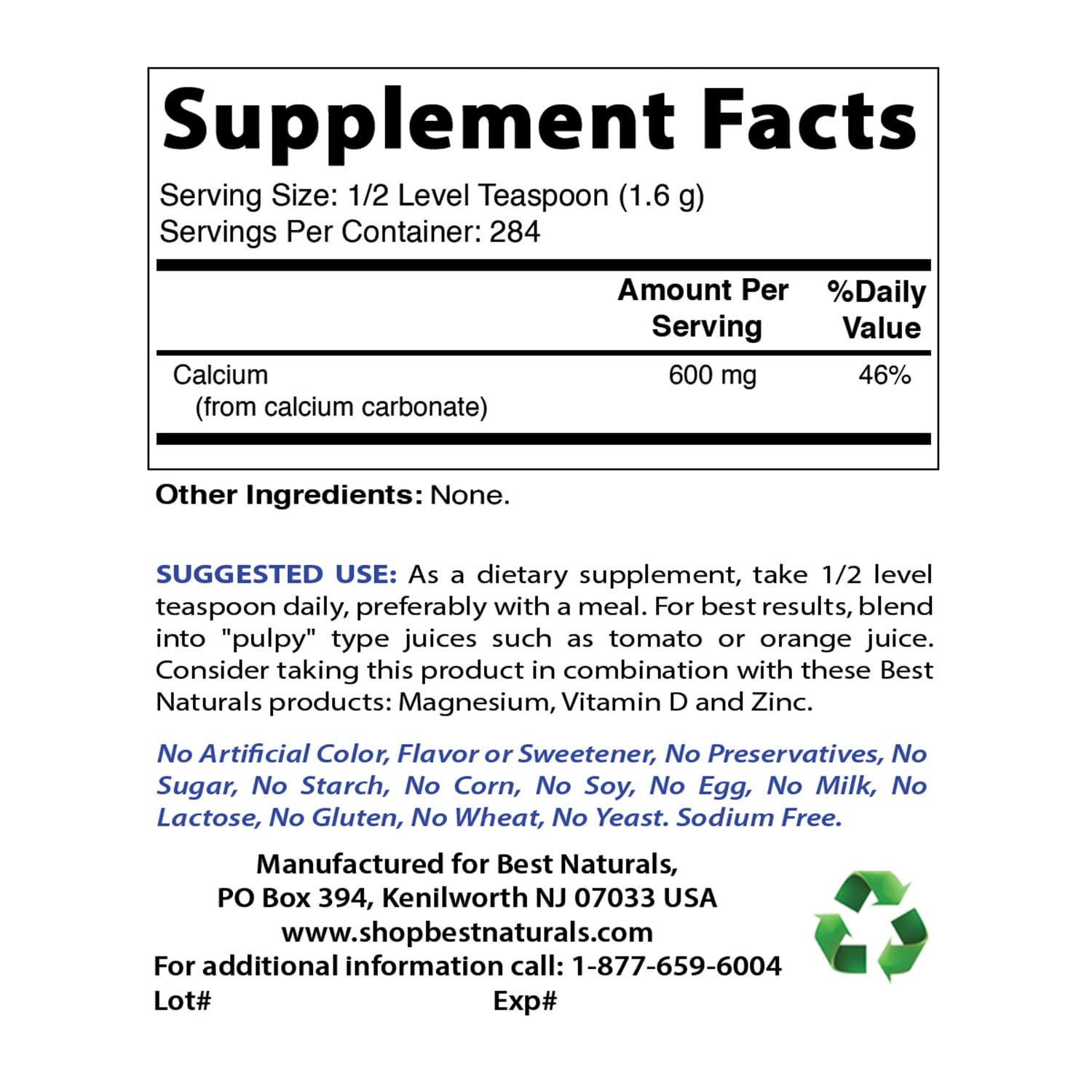 Best Naturals calcium carbonate powder bottle side label close-up, showing non-GMO and gluten-free formulation