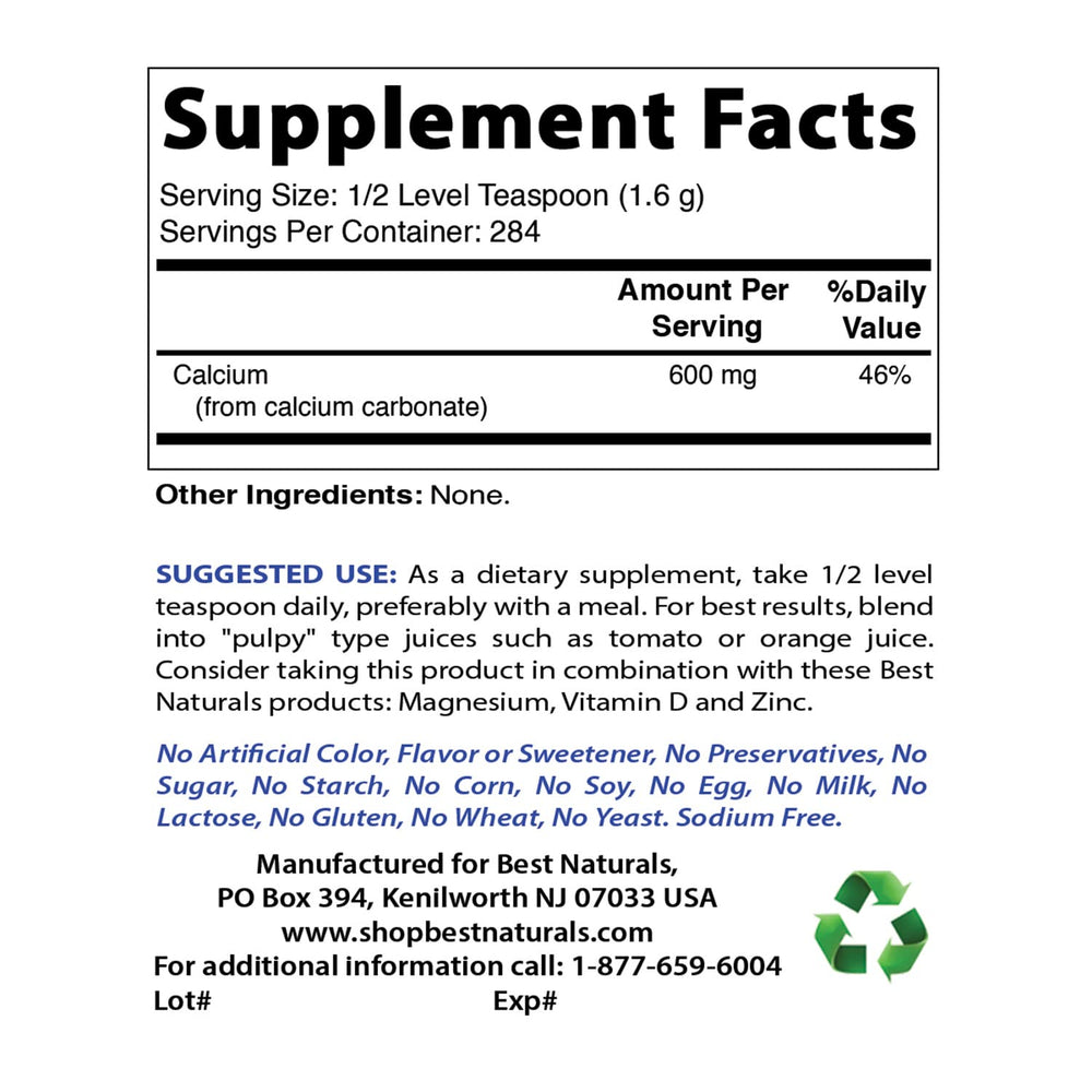 Best Naturals calcium carbonate powder bottle side label close-up, showing non-GMO and gluten-free formulation