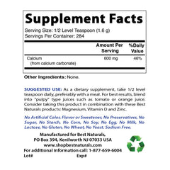 Best Naturals calcium carbonate powder bottle side label close-up, showing non-GMO and gluten-free formulation