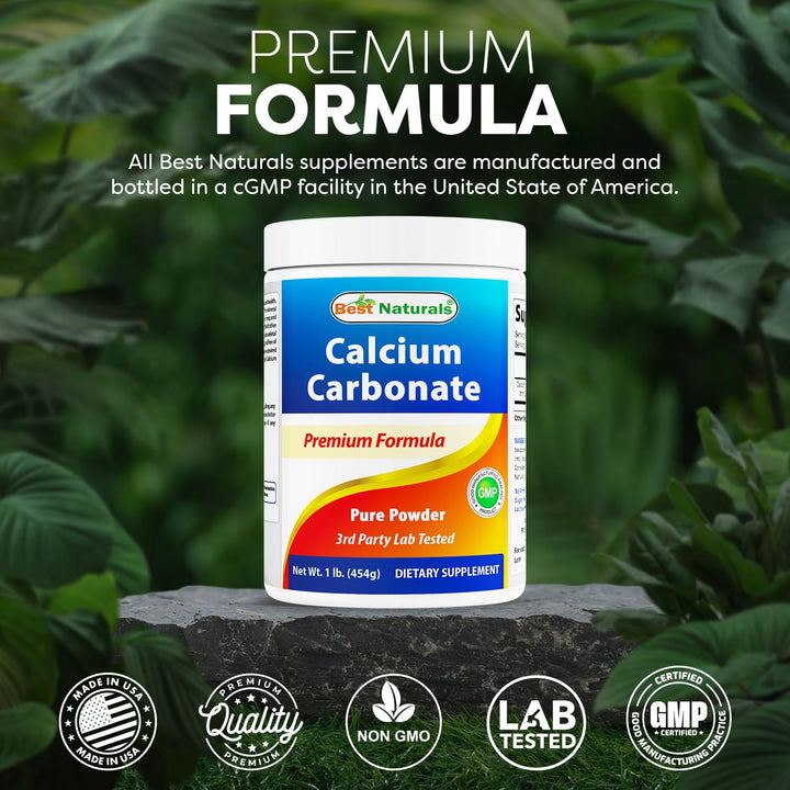 Best Naturals Calcium Carbonate Powder FDA registered facility badge on packaging.