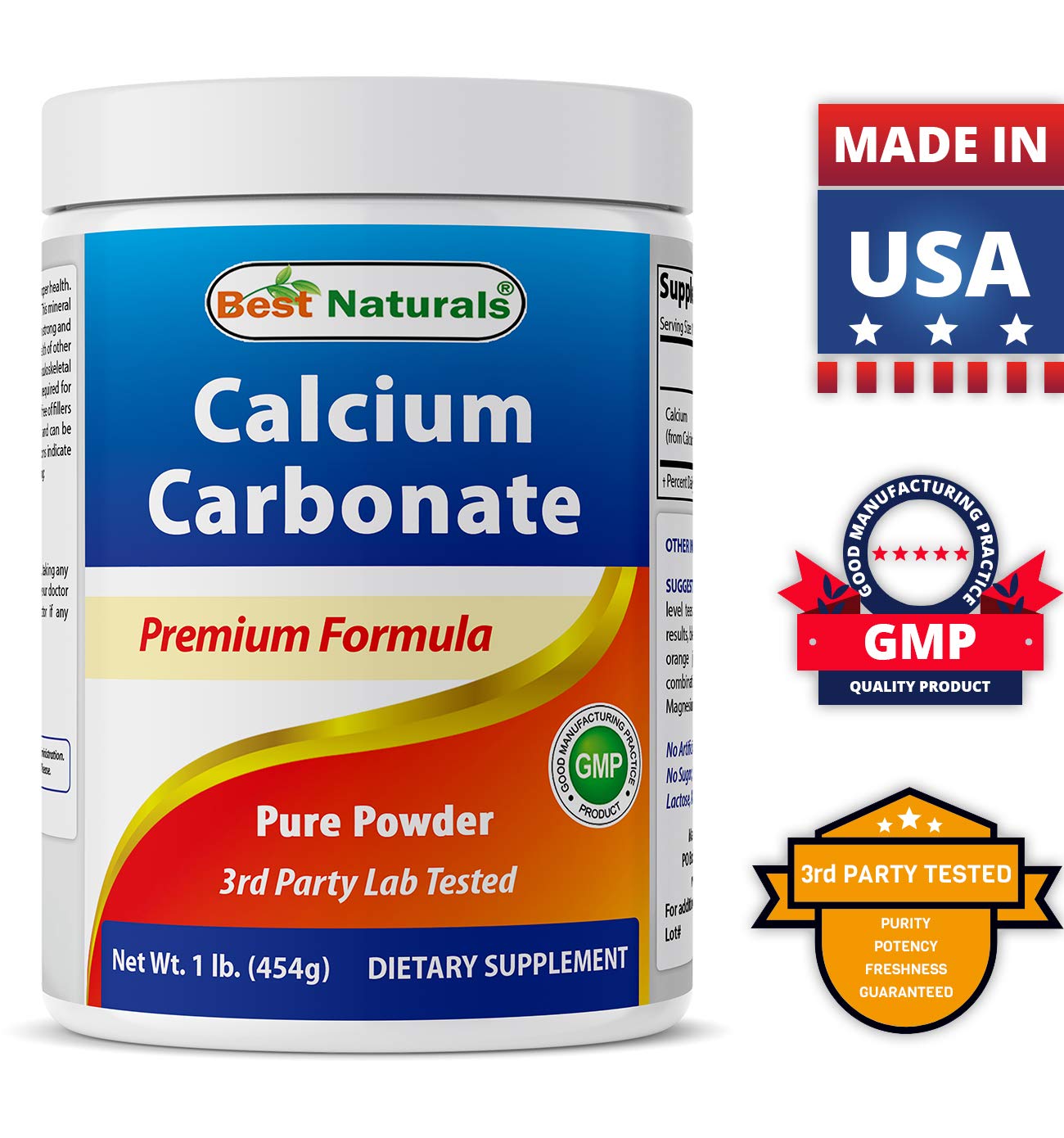 Best Naturals calcium carbonate powder ingredients panel highlighting no artificial additives