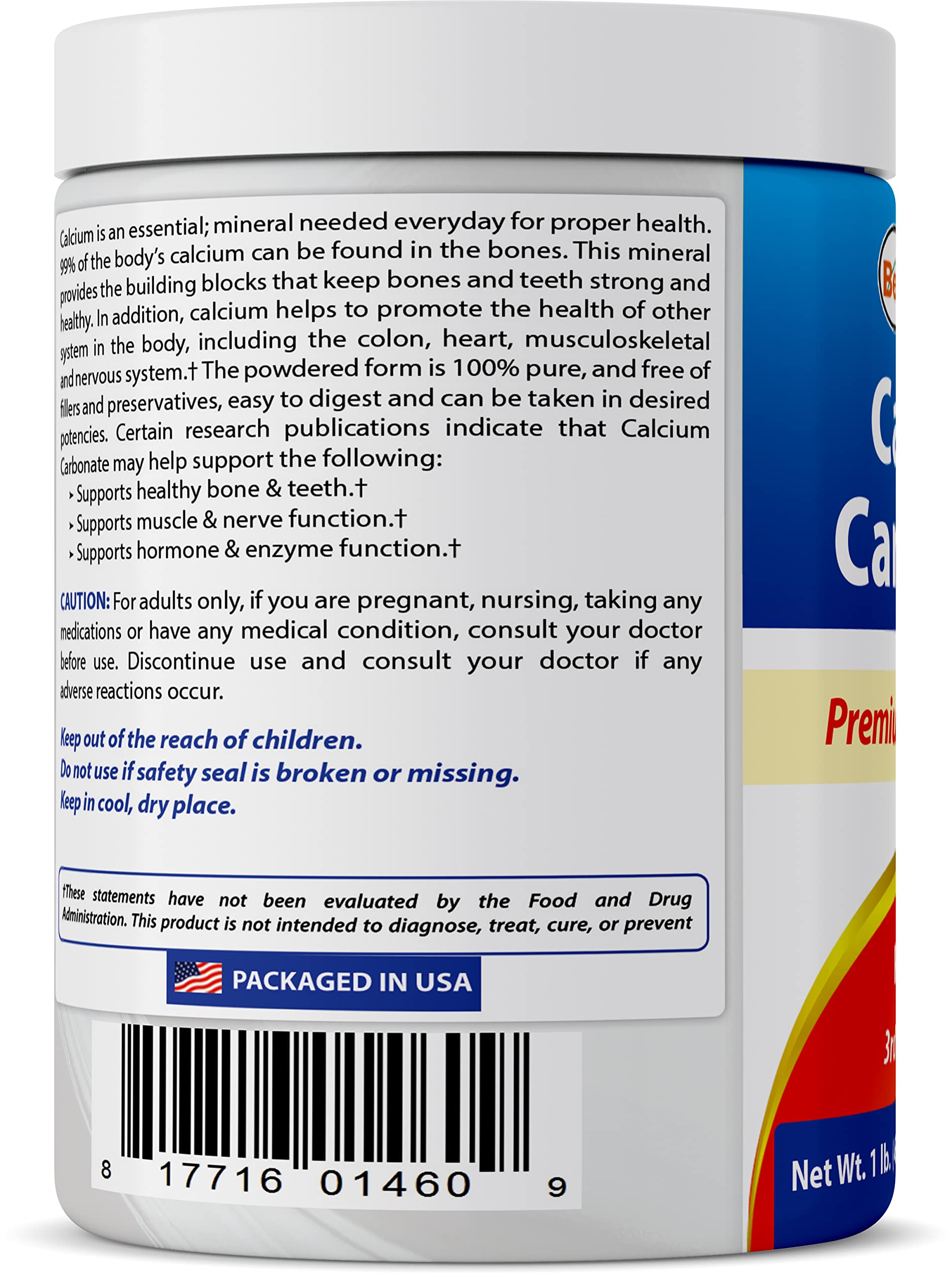 Best Naturals calcium carbonate powder on a kitchen counter beside bowls and spoons