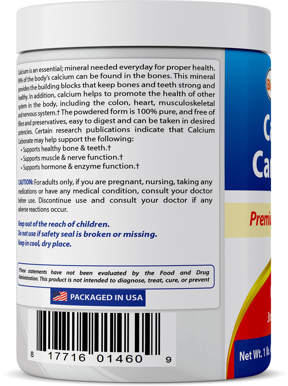 Best Naturals calcium carbonate powder on a kitchen counter beside bowls and spoons