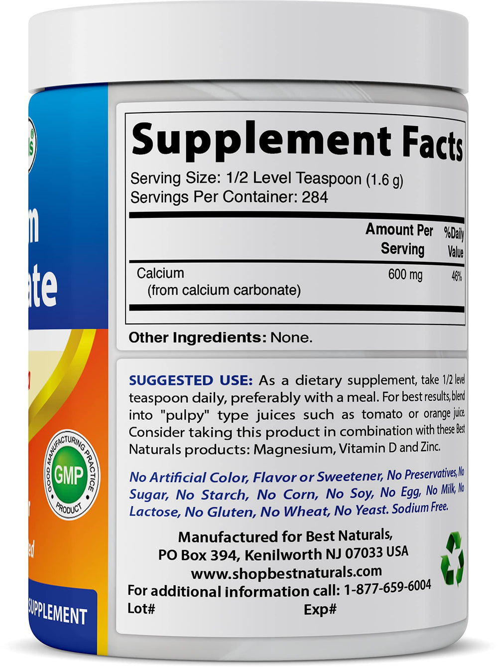 Best Naturals calcium carbonate powder seal with third-party lab-tested badge visible