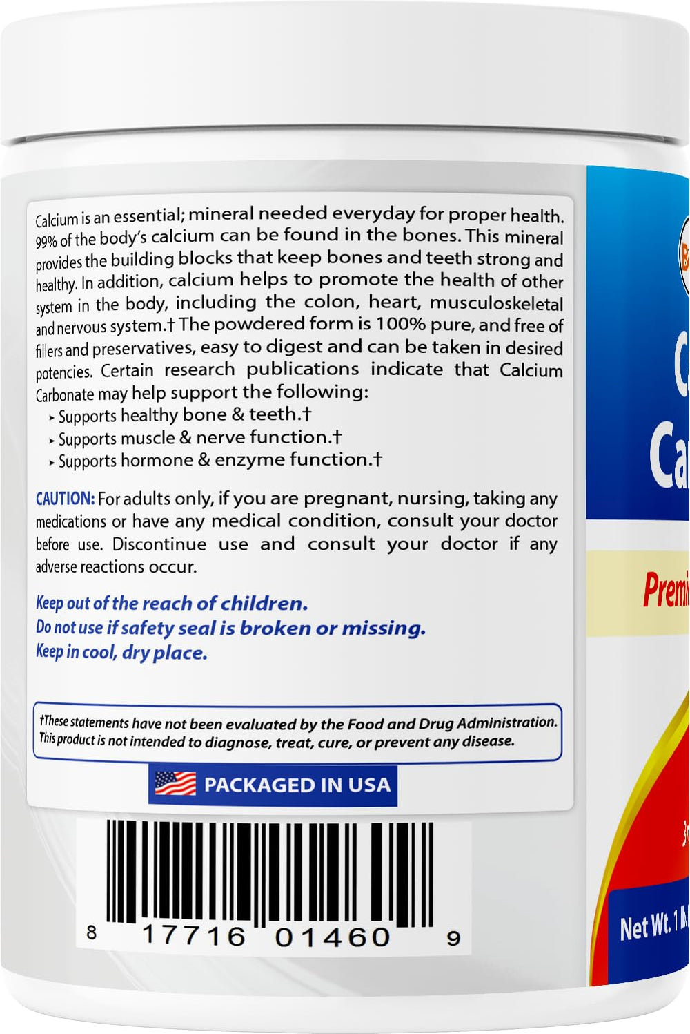 Best Naturals Calcium Carbonate Powder 1-pound packaging on box front.