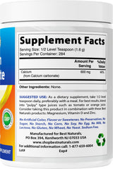 Best Naturals calcium carbonate powder packaging outer box highlighting US-made GMP and FDA registered facility