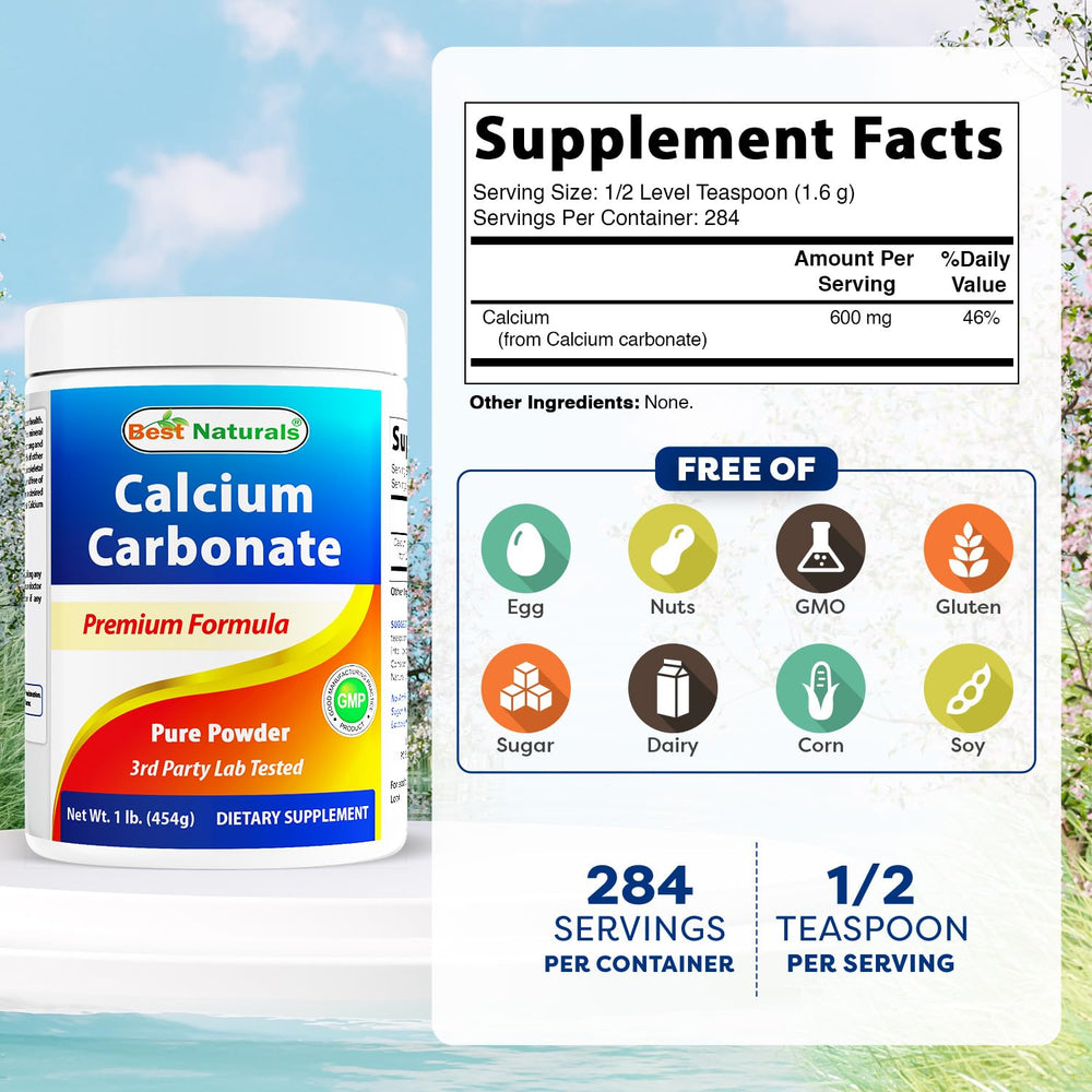 Best Naturals Calcium Carbonate Powder scoop shows precise, 1.6 g servings.