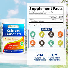 Best Naturals Calcium Carbonate Powder scoop shows precise, 1.6 g servings.