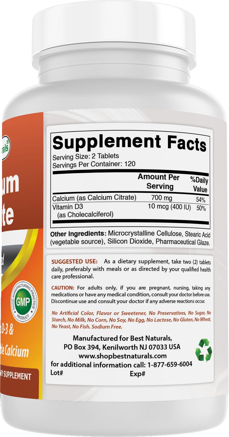 Best Naturals calcium citrate d-3 manufactured in USA GMP facility