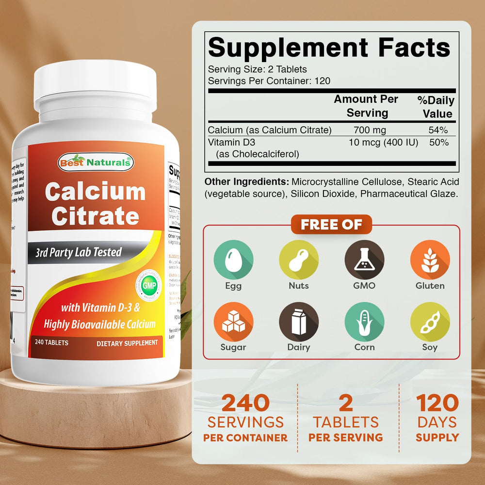 Best Naturals calcium citrate with vitamin d-3 tablets close-up for easy swallowing