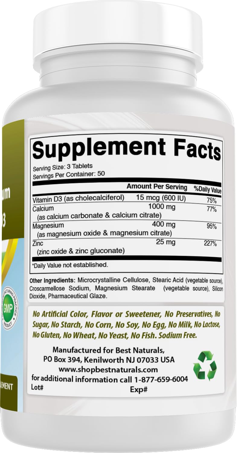 Label close-up from Best Naturals shows Ca 1000 mg, Mg 400 mg, Zn 25 mg, D3 600 IU