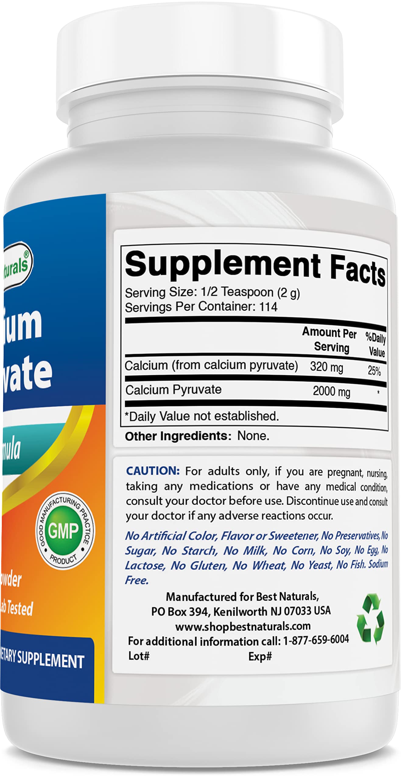 Best Naturals Calcium Pyruvate Powder dissolves cleanly in water.