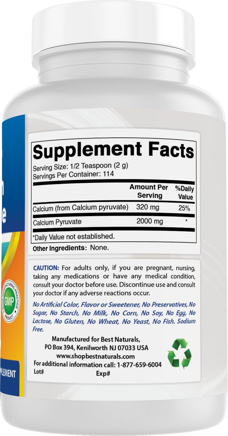 Best Naturals Calcium Pyruvate Powder ingredients and certifications.