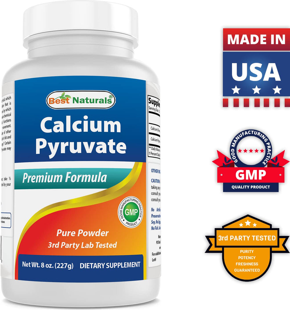 Best Naturals Calcium Pyruvate Powder nutrition facts panel close-up.