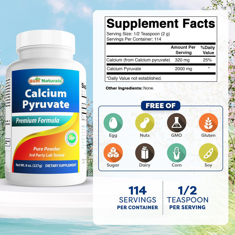 Best Naturals Calcium Pyruvate powder serving scoop for easy daily dosing.
