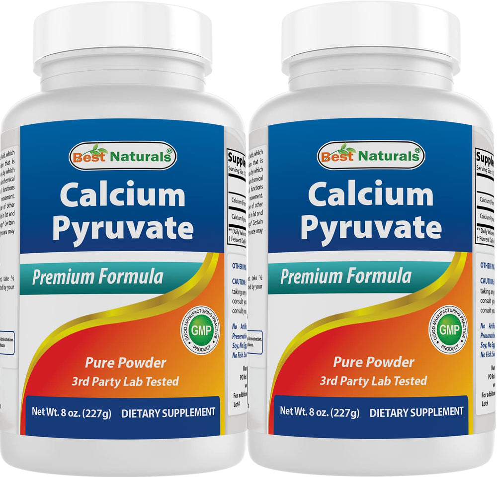 Best Naturals Calcium Pyruvate powder tub label showing purity and quality.