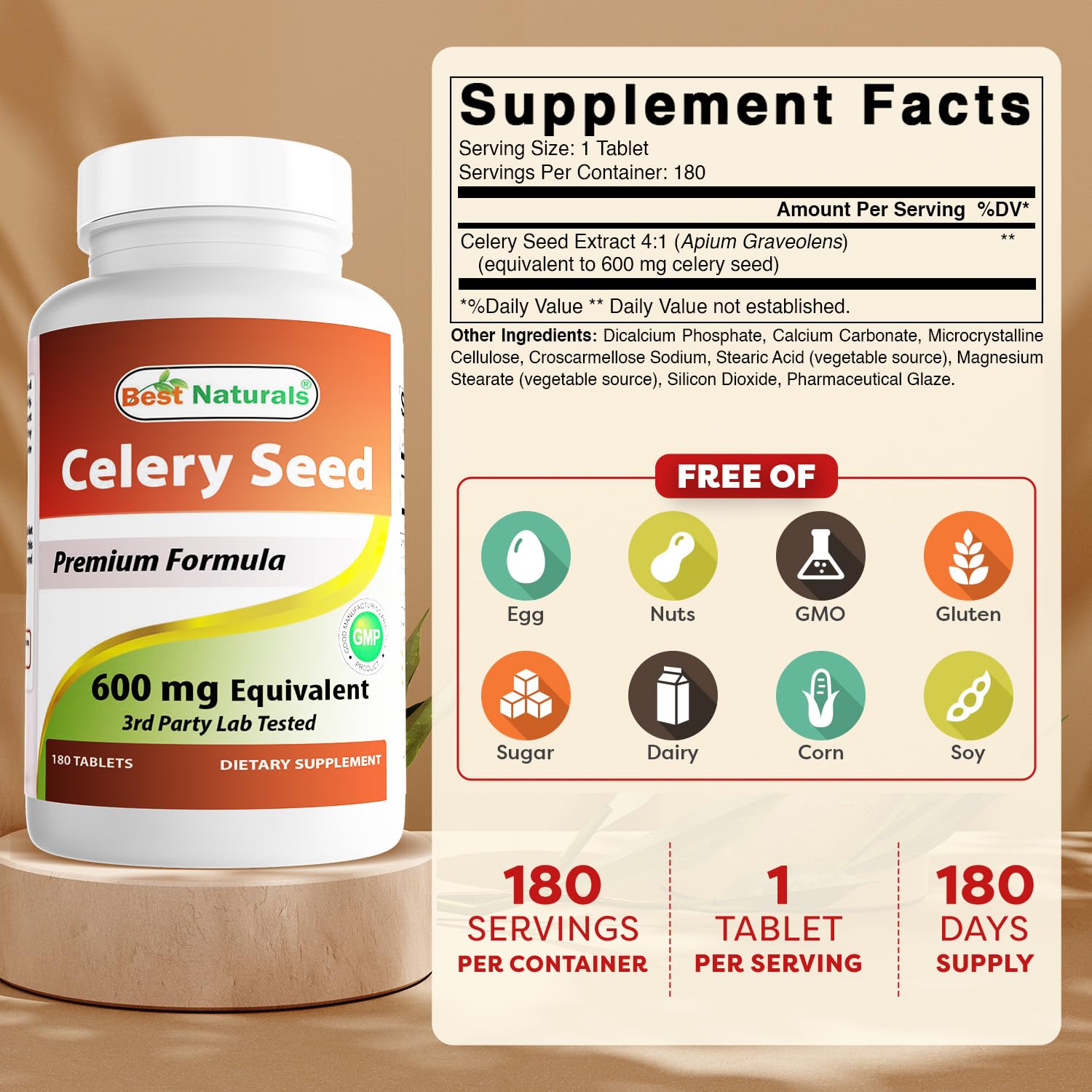 Label close-up highlights 600 mg per tablet and 180 tablets per bottle.