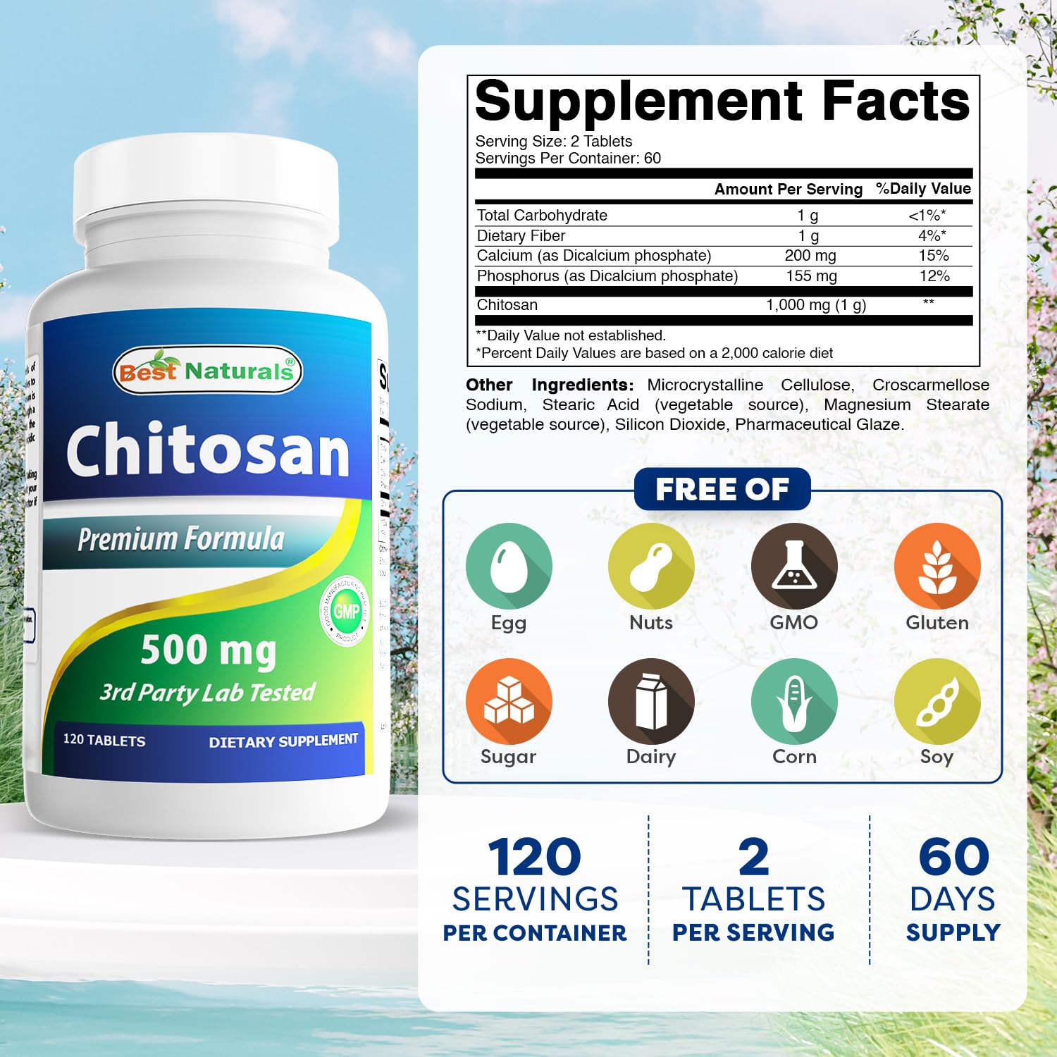 Best Naturals Chitosan tablets close-up highlighting 500 mg dose
