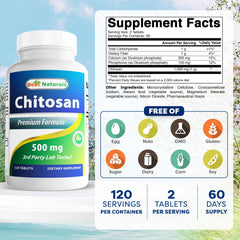 Best Naturals Chitosan tablets close-up highlighting 500 mg dose