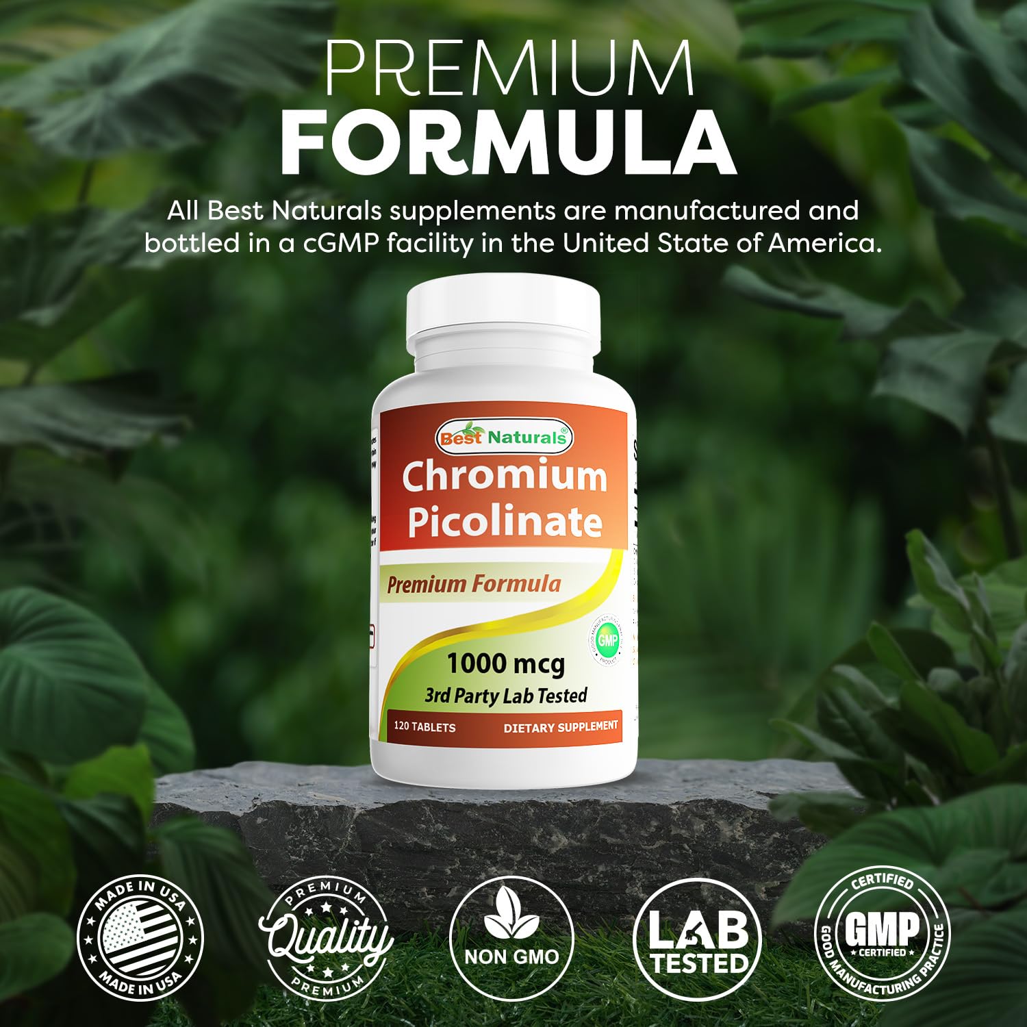 Best Naturals Chromium Picolinate packaging highlights non GMO and gluten free.