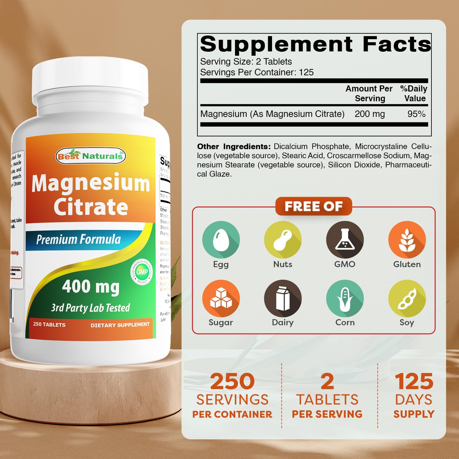 Tabletas de Best Naturals Citrato de Magnesio, 400 mg por porción.