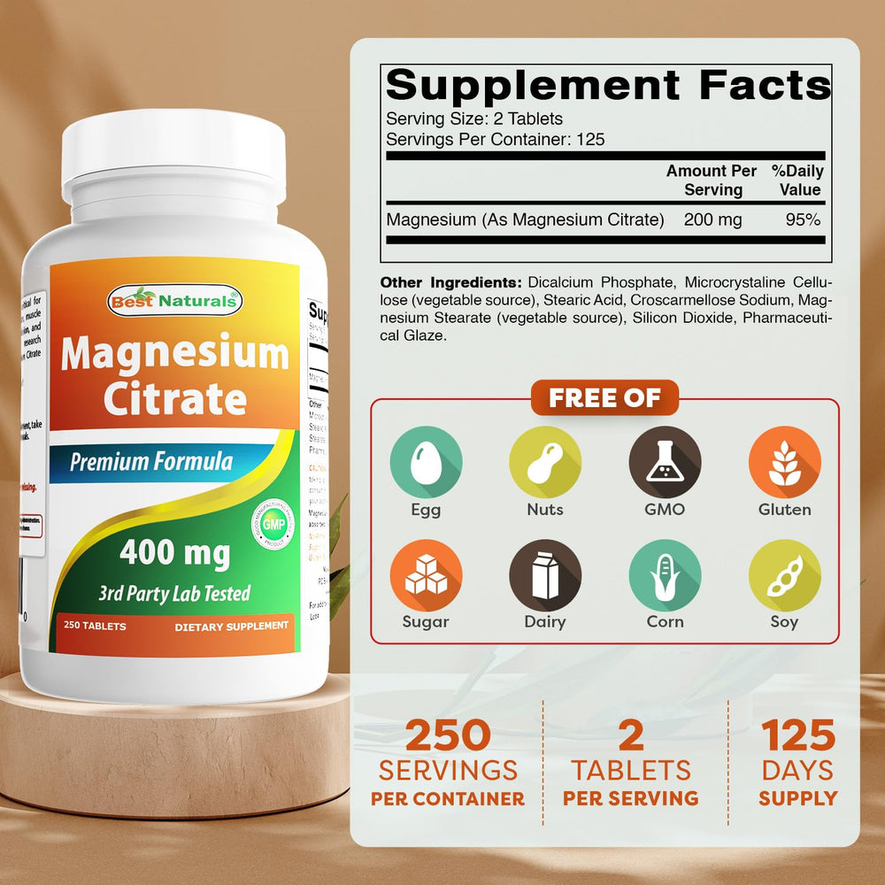Tabletas de Best Naturals Citrato de Magnesio, 400 mg por porción.