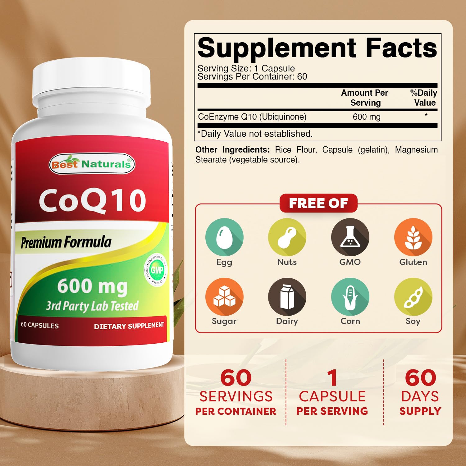 Best Naturals CoQ10 600 mg bottle label close-up showing dosage and purity
