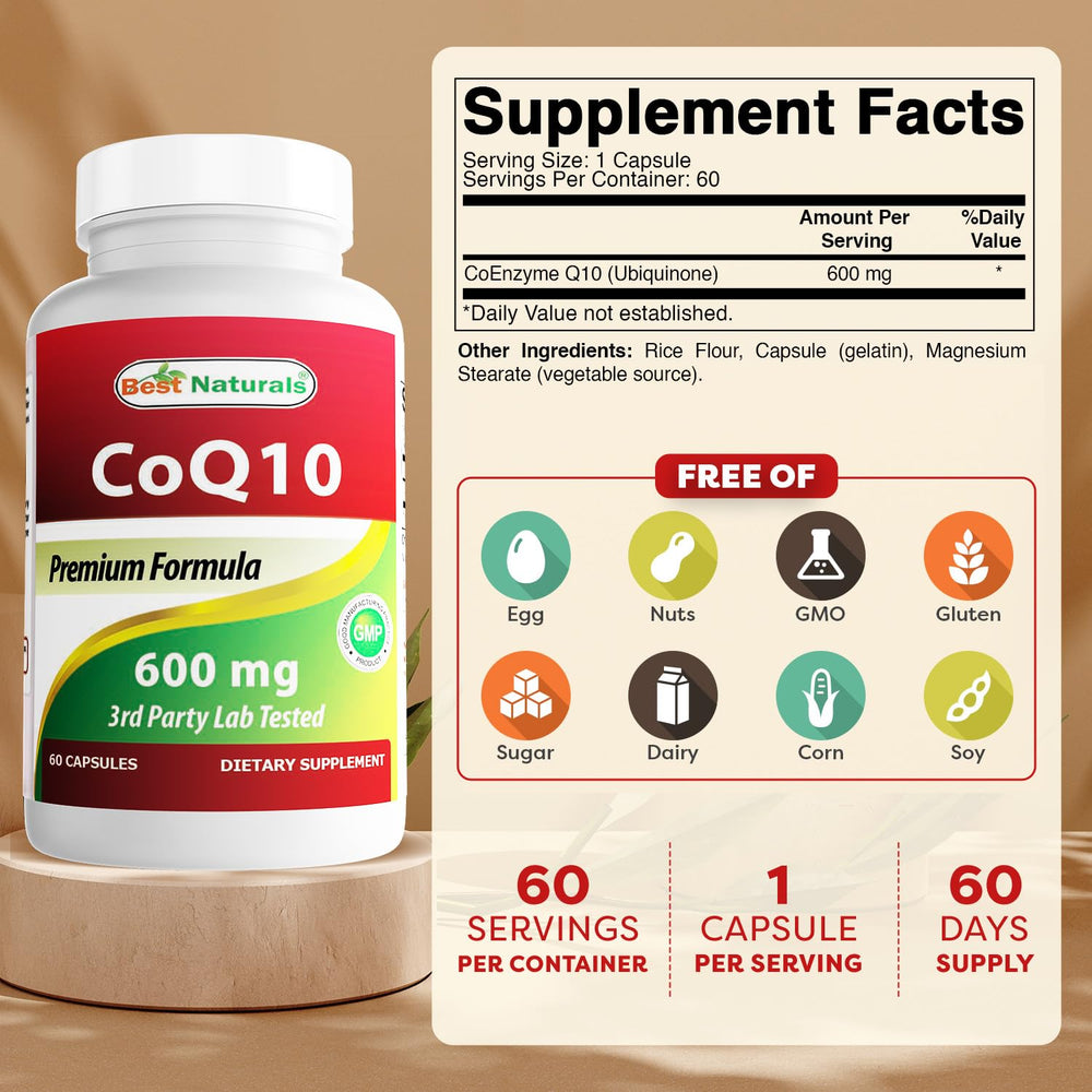 Best Naturals CoQ10 600 mg bottle label close-up showing dosage and purity
